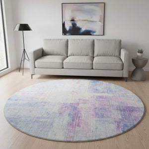 HomeRoots 8' Sky Blue & Ivory Abstract Round Rug - Washable, UV Protected, Stylish & Durable for High-Traffic Areas 700448