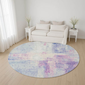 HomeRoots 8' Sky Blue & Ivory Abstract Round Rug - Washable, UV Protected, Stylish & Durable for High-Traffic Areas 700448