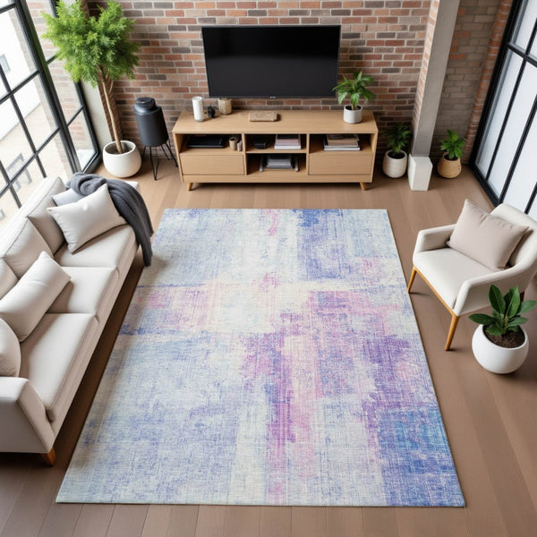 HomeRoots 9' X 12' Sky Blue & Ivory Abstract Washable Area Rug - Durable, UV-Protected, Family-Friendly Design 700450