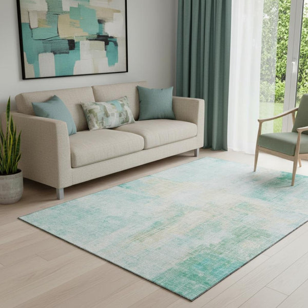 HomeRoots 5' X 8' Teal And Ivory Abstract Washable Area Rug - Stylish, Durable & UV-Protected for Any Room 700453