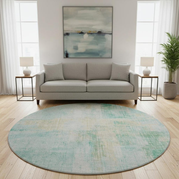 HomeRoots 8' Teal And Ivory Abstract Round Rug - Washable, UV-Protected, Durable, Ideal for Family Spaces 700454