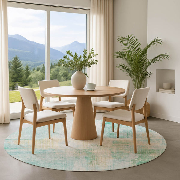 HomeRoots 8' Teal And Ivory Abstract Round Rug - Washable, UV-Protected, Durable, Ideal for Family Spaces 700454
