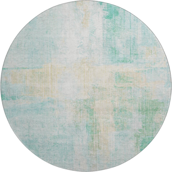 HomeRoots 8' Teal And Ivory Abstract Round Rug - Washable, UV-Protected, Durable, Ideal for Family Spaces 700454