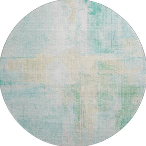 HomeRoots 8' Teal And Ivory Abstract Round Rug - Washable, UV-Protected, Durable, Ideal for Family Spaces 700454