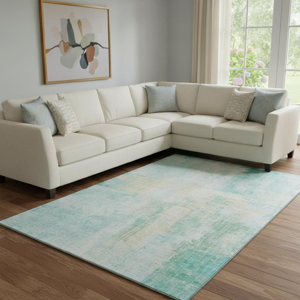 HomeRoots 8' X 10' Teal and Ivory Abstract Washable Area Rug with Non-Slip Backing & UV Protection for Homes 700455