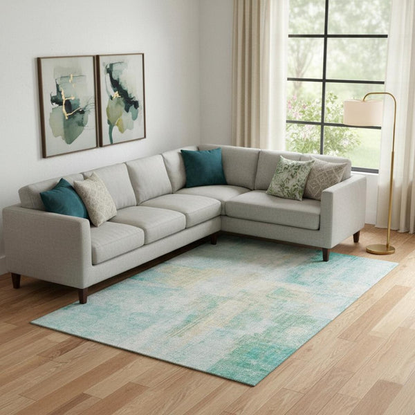 HomeRoots 9' X 12' Stylish Teal and Ivory Abstract Area Rug - Washable, UV-Protected, Durable for Busy Homes 700456