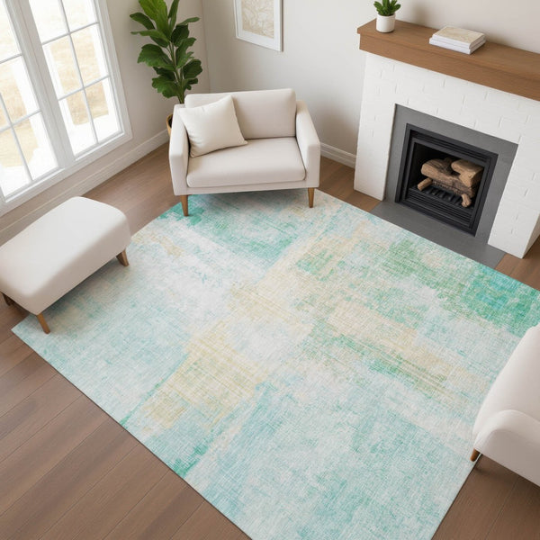 HomeRoots 9' X 12' Stylish Teal and Ivory Abstract Area Rug - Washable, UV-Protected, Durable for Busy Homes 700456