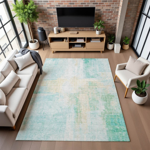 HomeRoots 9' X 12' Stylish Teal and Ivory Abstract Area Rug - Washable, UV-Protected, Durable for Busy Homes 700456