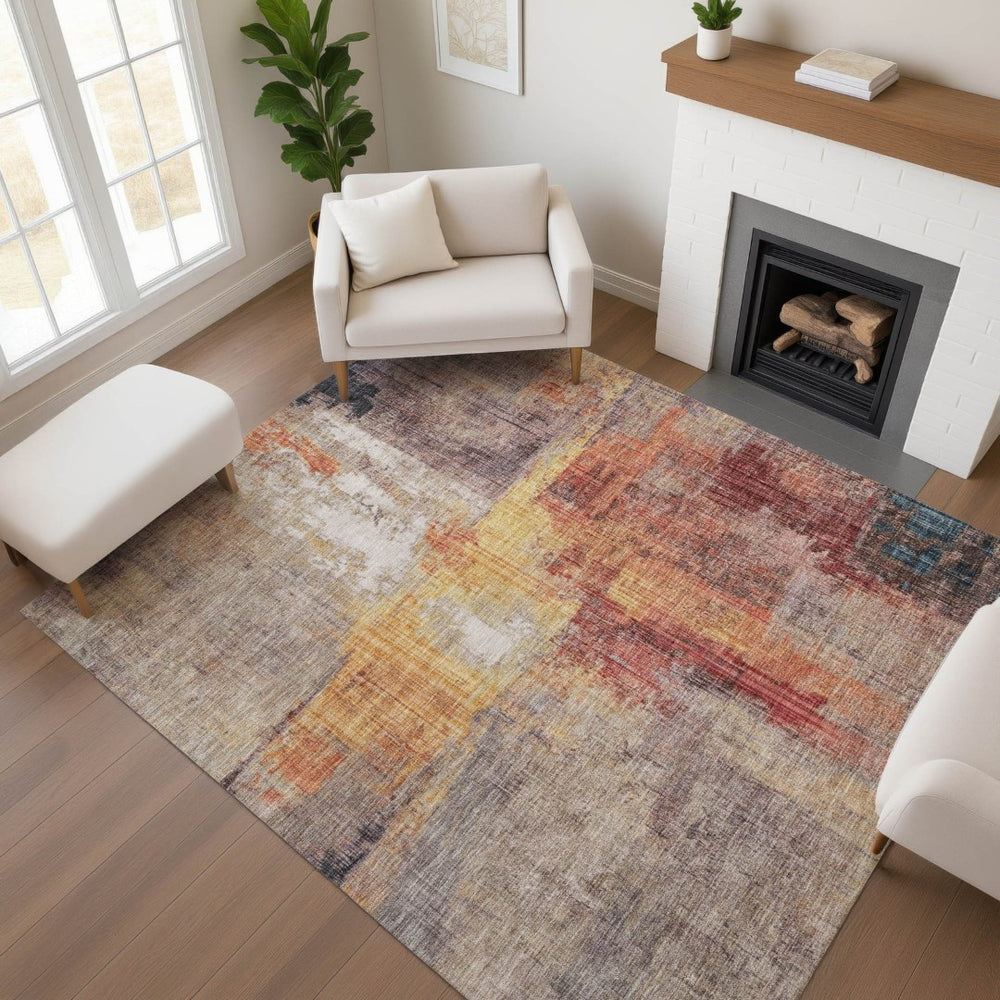 HomeRoots 5' X 8' Abstract Washable Area Rug in Taupe, Gold & Copper – Durable, UV-Protected, Stylish Design 700459