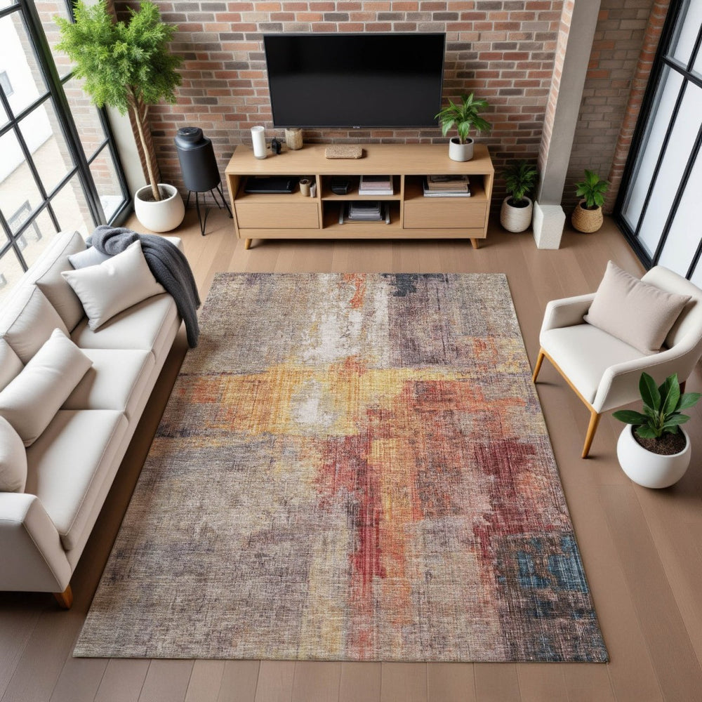HomeRoots 5' X 8' Abstract Washable Area Rug in Taupe, Gold & Copper – Durable, UV-Protected, Stylish Design 700459