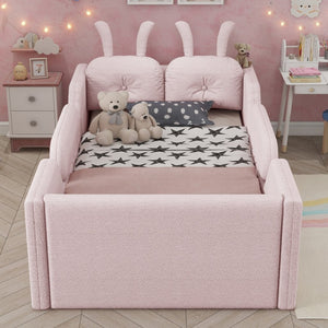 English Elm Twin Kids Platform Bed Teddy Fabric Upholstered with Bunny Cushions and Safety Rails Pink W2593P395807