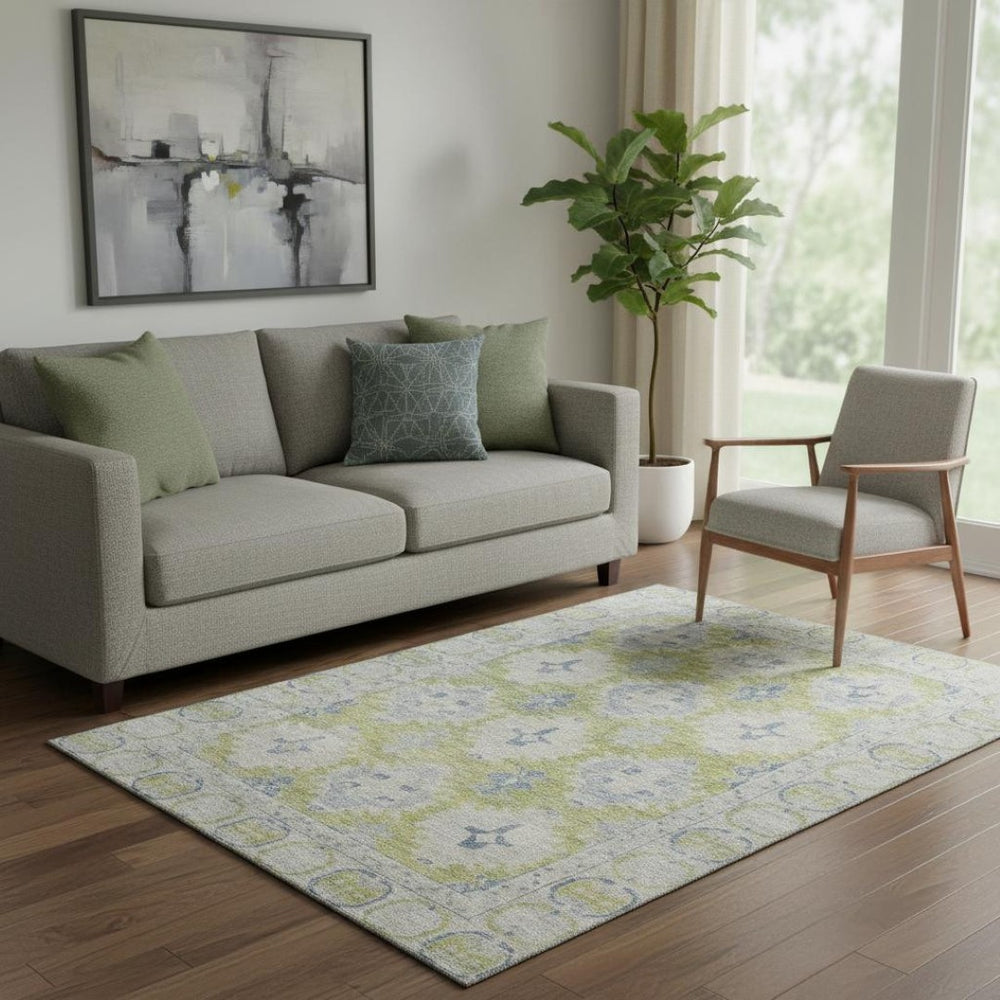 HomeRoots 5' X 8' Artichoke Green and Blue Oriental Washable Area Rug - Durable, UV-Protected & Stylish Design 700471