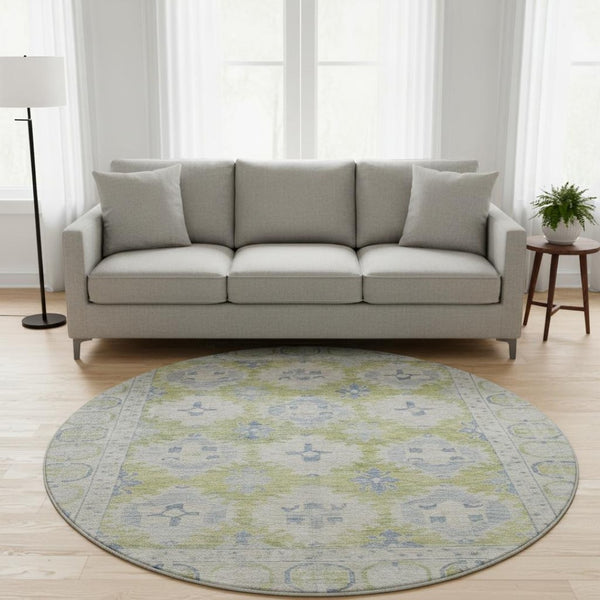HomeRoots 8' Artichoke Green & Blue Oriental Round Rug - UV Protected, Washable, Perfect for Busy Homes! 700472