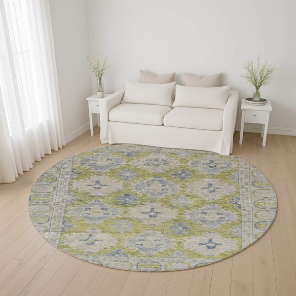 HomeRoots 8' Artichoke Green & Blue Oriental Round Rug - UV Protected, Washable, Perfect for Busy Homes! 700472