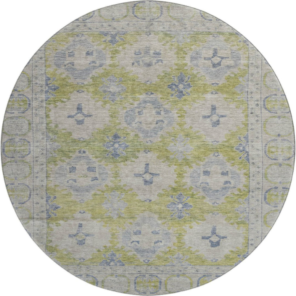 HomeRoots 8' Artichoke Green & Blue Oriental Round Rug - UV Protected, Washable, Perfect for Busy Homes! 700472