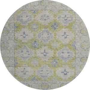 HomeRoots 8' Artichoke Green & Blue Oriental Round Rug - UV Protected, Washable, Perfect for Busy Homes! 700472