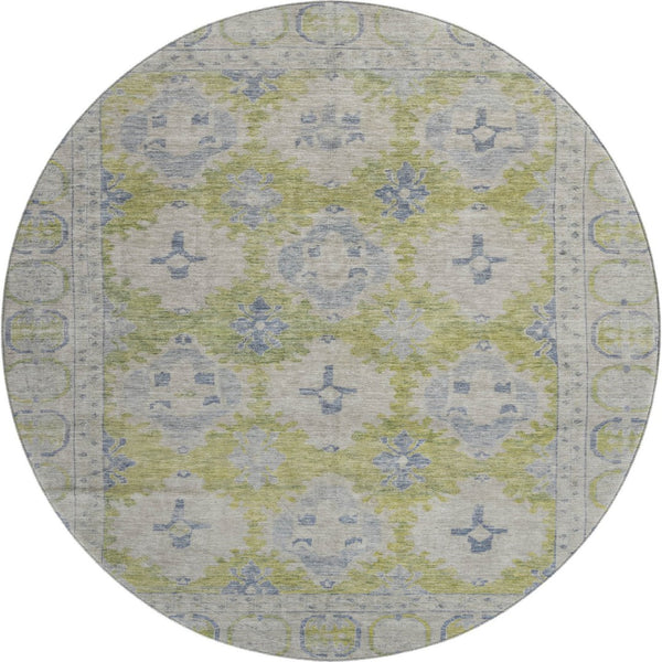 HomeRoots 8' Artichoke Green & Blue Oriental Round Rug - UV Protected, Washable, Perfect for Busy Homes! 700472