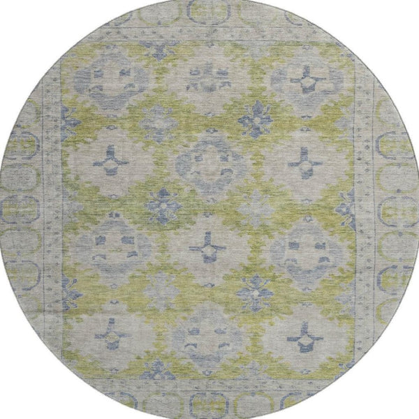 HomeRoots 8' Artichoke Green & Blue Oriental Round Rug - UV Protected, Washable, Perfect for Busy Homes! 700472