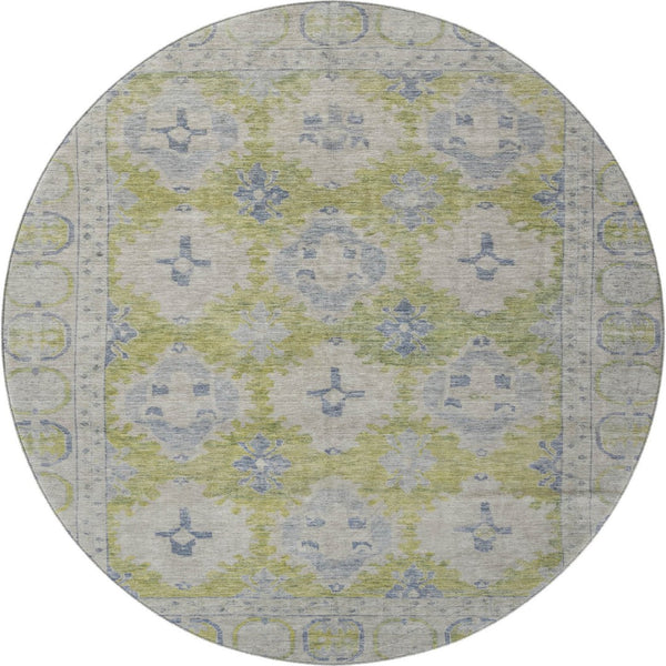 HomeRoots 8' Artichoke Green & Blue Oriental Round Rug - UV Protected, Washable, Perfect for Busy Homes! 700472