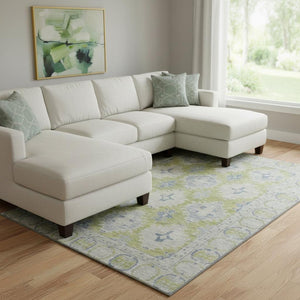 HomeRoots 8' X 10' Artichoke Green & Blue Oriental Washable Area Rug - UV Protected, Stain Resistant, Stylish! 700473