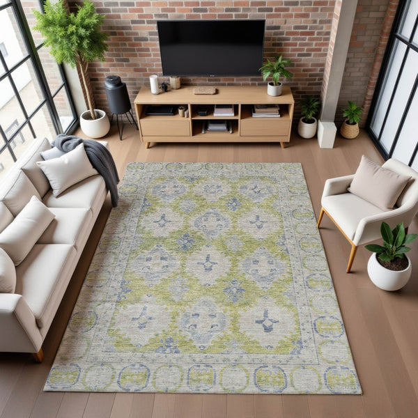 HomeRoots 8' X 10' Artichoke Green & Blue Oriental Washable Area Rug - UV Protected, Stain Resistant, Stylish! 700473