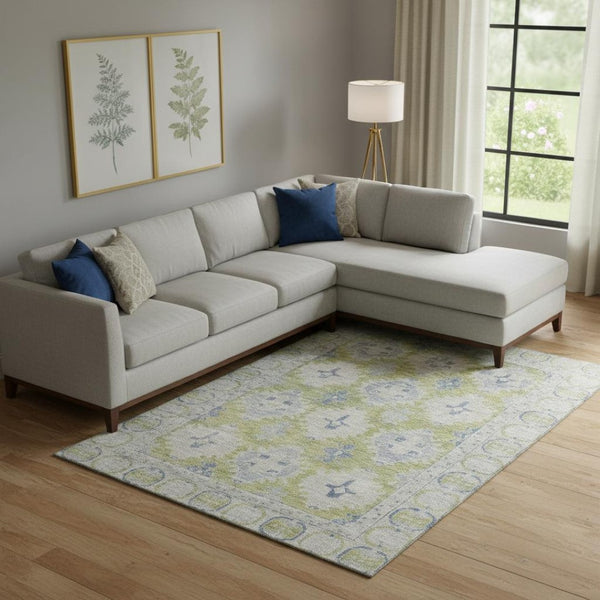 HomeRoots 10' X 14' Artichoke Green & Blue Oriental Washable Area Rug - Durable, Stain Resistant, UV Safe! 700475