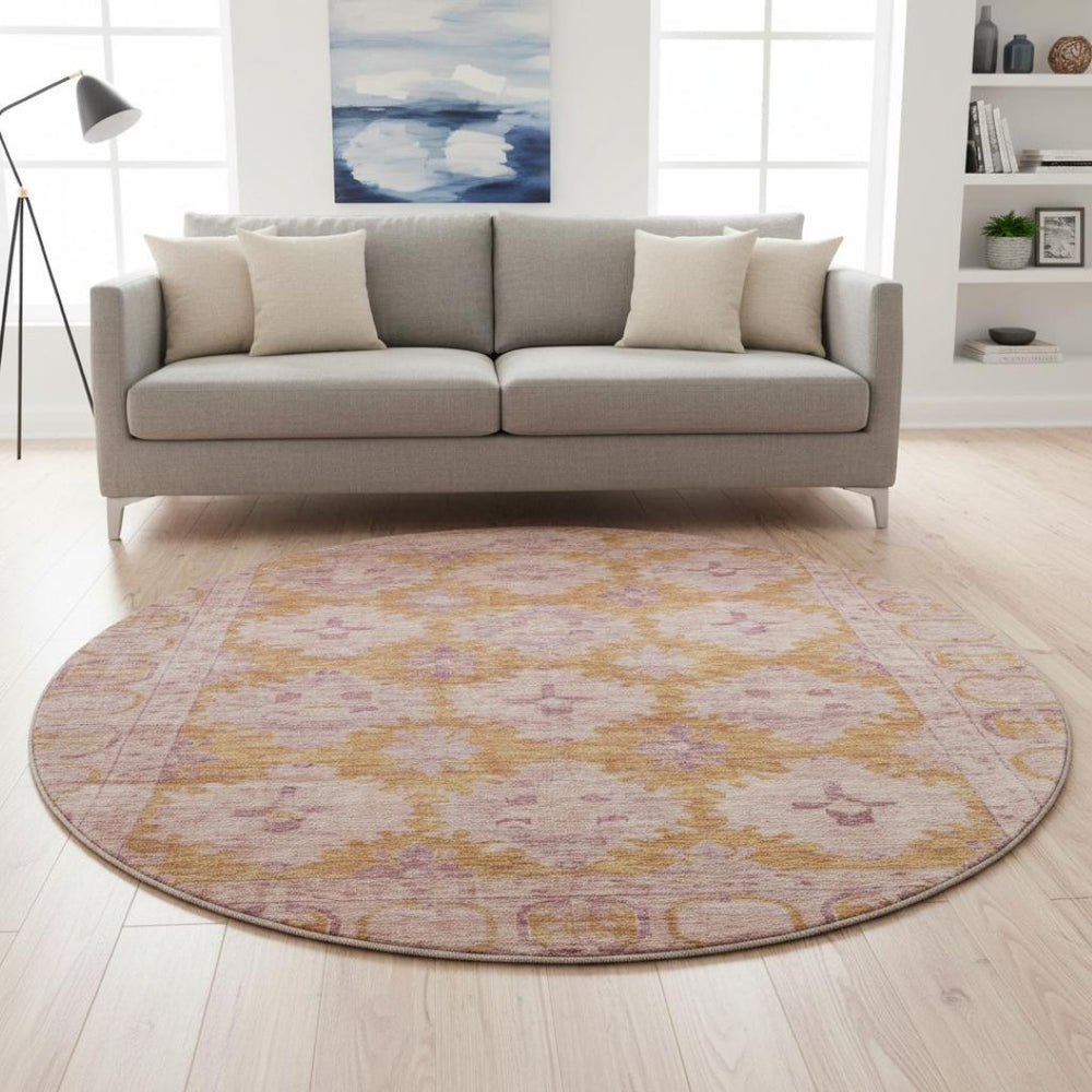 HomeRoots 8' Blush and Orange Oriental Round Rug - Stain-Resistant, UV-Protected, Non-Slip for Style & Durability 700478