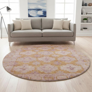 HomeRoots 8' Blush and Orange Oriental Round Rug - Stain-Resistant, UV-Protected, Non-Slip for Style & Durability 700478