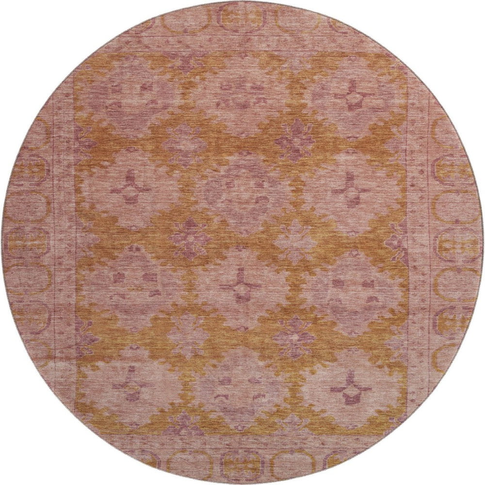 HomeRoots 8' Blush and Orange Oriental Round Rug - Stain-Resistant, UV-Protected, Non-Slip for Style & Durability 700478