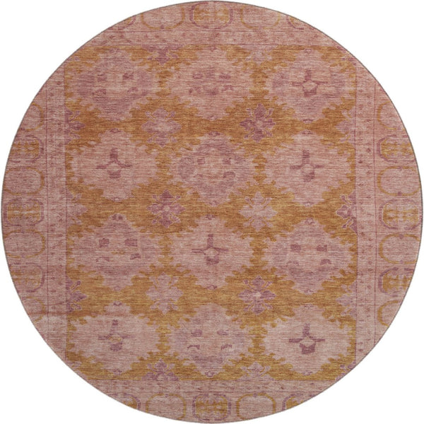 HomeRoots 8' Blush and Orange Oriental Round Rug - Stain-Resistant, UV-Protected, Non-Slip for Style & Durability 700478