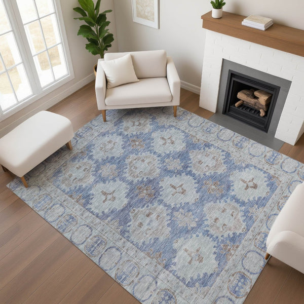 HomeRoots 5' X 8' Blue and Brown Oriental Washable Area Rug with UV Protection – Perfect for Busy Homes! 700483