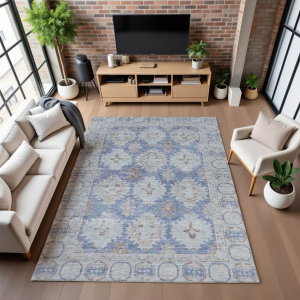 HomeRoots 5' X 8' Blue and Brown Oriental Washable Area Rug with UV Protection – Perfect for Busy Homes! 700483