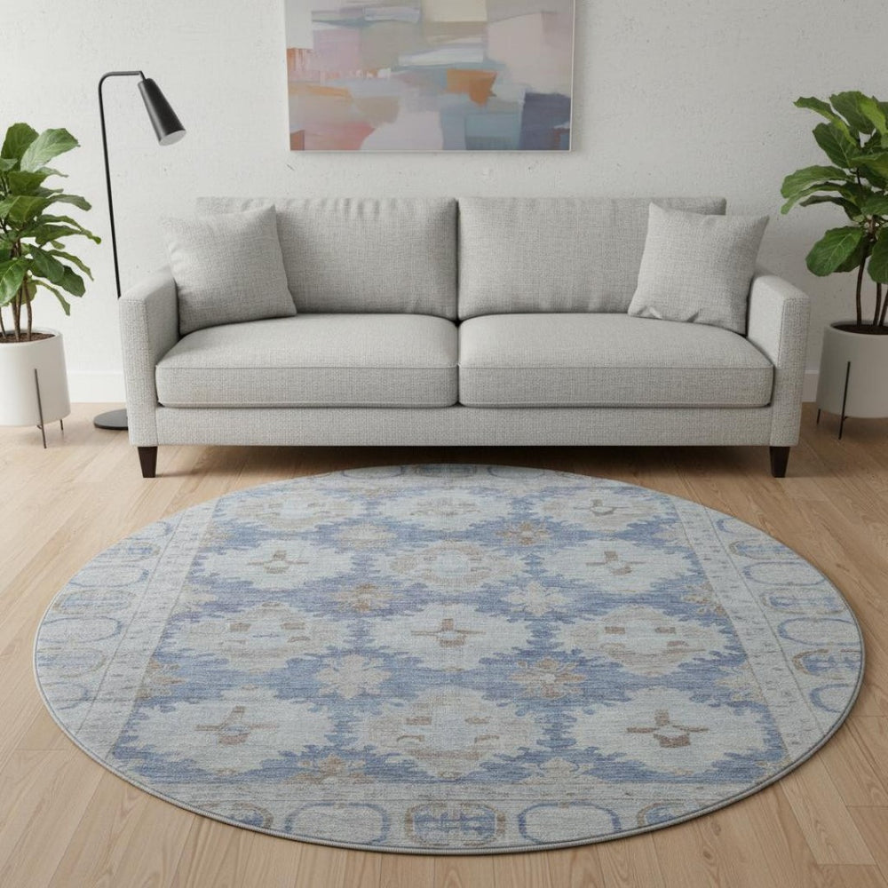 HomeRoots 8' Blue and Brown Oriental Washable Round Rug – UV Protected, Stain Resistant, Ideal for High-Traffic Areas 700484