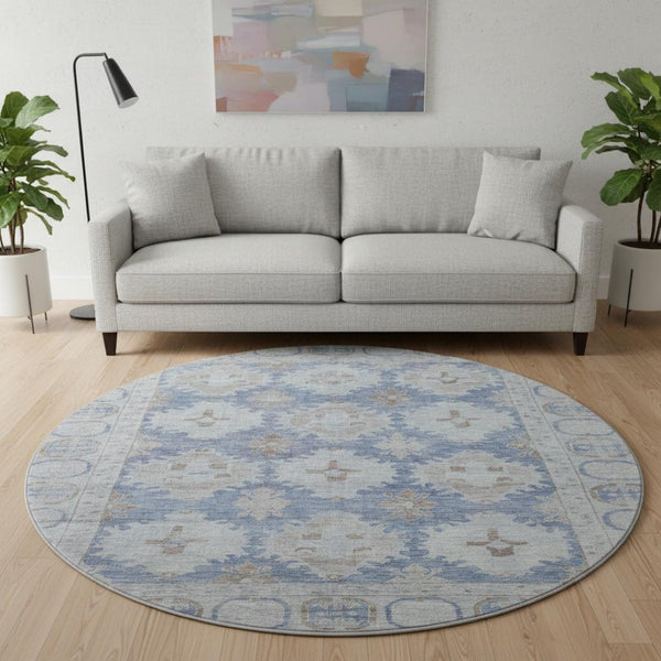 HomeRoots 8' Blue and Brown Oriental Washable Round Rug – UV Protected, Stain Resistant, Ideal for High-Traffic Areas 700484