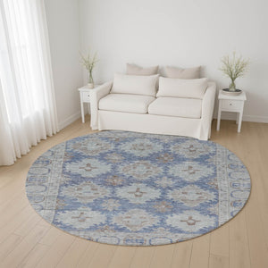HomeRoots 8' Blue and Brown Oriental Washable Round Rug – UV Protected, Stain Resistant, Ideal for High-Traffic Areas 700484