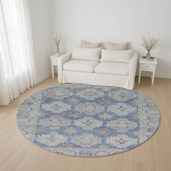 HomeRoots 8' Blue and Brown Oriental Washable Round Rug – UV Protected, Stain Resistant, Ideal for High-Traffic Areas 700484