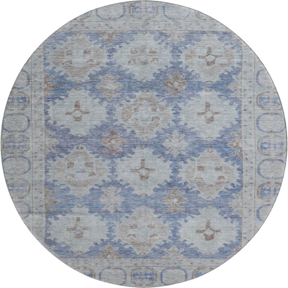 HomeRoots 8' Blue and Brown Oriental Washable Round Rug – UV Protected, Stain Resistant, Ideal for High-Traffic Areas 700484
