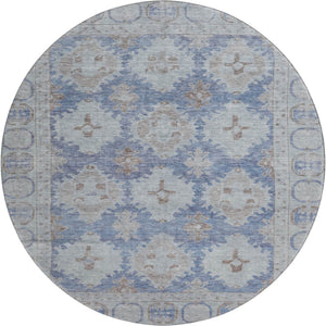 HomeRoots 8' Blue and Brown Oriental Washable Round Rug – UV Protected, Stain Resistant, Ideal for High-Traffic Areas 700484