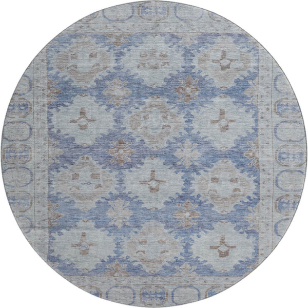 HomeRoots 8' Blue and Brown Oriental Washable Round Rug – UV Protected, Stain Resistant, Ideal for High-Traffic Areas 700484