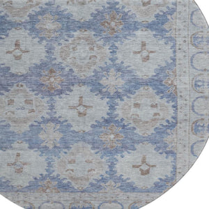 HomeRoots 8' Blue and Brown Oriental Washable Round Rug – UV Protected, Stain Resistant, Ideal for High-Traffic Areas 700484