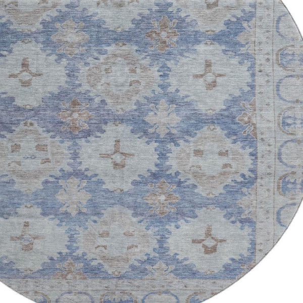 HomeRoots 8' Blue and Brown Oriental Washable Round Rug – UV Protected, Stain Resistant, Ideal for High-Traffic Areas 700484