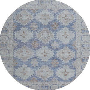 HomeRoots 8' Blue and Brown Oriental Washable Round Rug – UV Protected, Stain Resistant, Ideal for High-Traffic Areas 700484