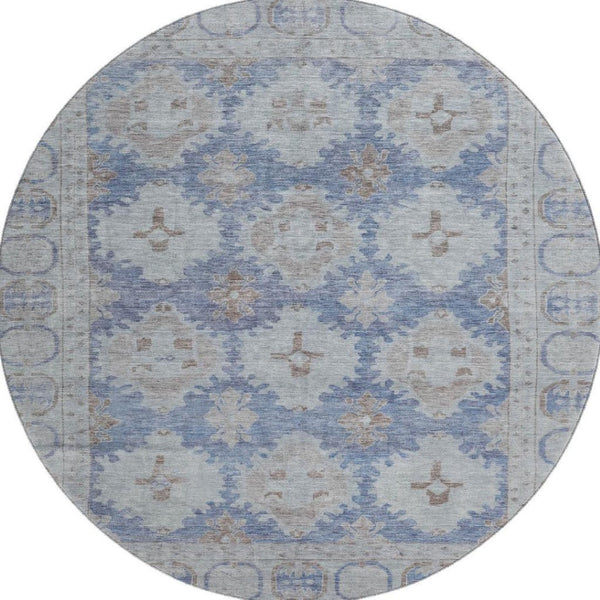 HomeRoots 8' Blue and Brown Oriental Washable Round Rug – UV Protected, Stain Resistant, Ideal for High-Traffic Areas 700484
