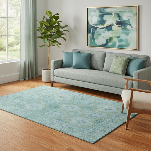 HomeRoots 5' X 8' Teal & Aqua Oriental Area Rug - Washable, UV Protected, Stain Resistant for Easy Care 700489