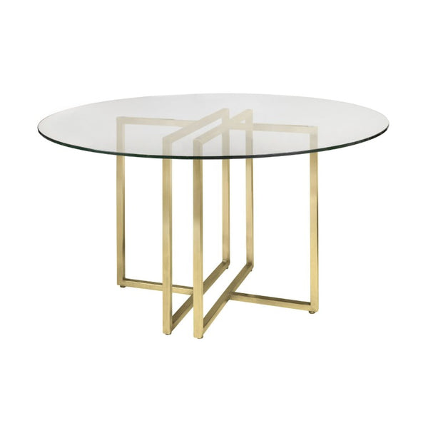 EuroStyle Legend Round Glass Dining Table with Architectural Steel Base for Modern Spaces Matte Brushed Gold 70048MBG-KIT