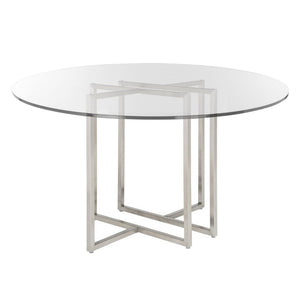 EuroStyle Legend Round Glass Dining Table with Architectural Steel Base for Modern Spaces Brushed Stainless Steel 70048SS-KIT