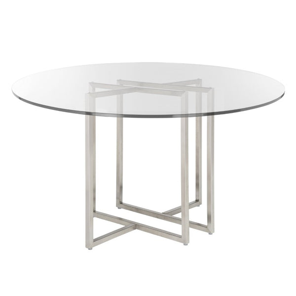 EuroStyle Legend Round Glass Dining Table with Architectural Steel Base for Modern Spaces Brushed Stainless Steel 70048SS-KIT