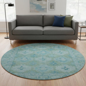 HomeRoots 8' Teal and Aqua Oriental Round Rug - Washable, UV-Protected, Durable & Stylish Home Décor Piece 700490