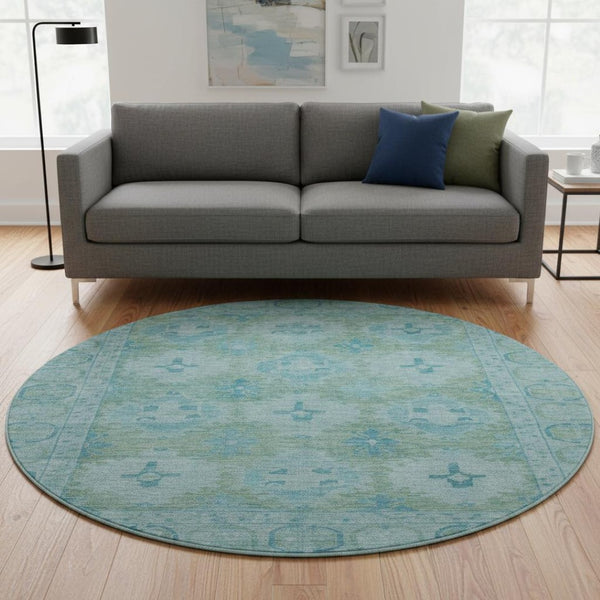 HomeRoots 8' Teal and Aqua Oriental Round Rug - Washable, UV-Protected, Durable & Stylish Home Décor Piece 700490