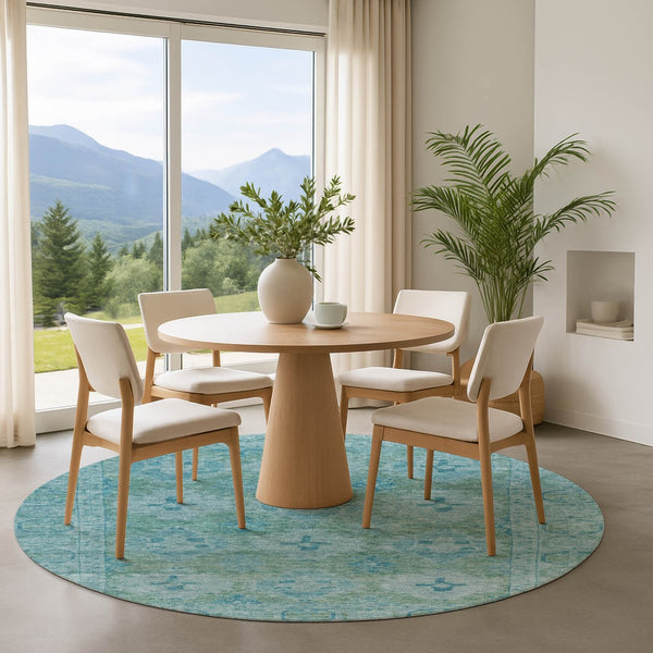 HomeRoots 8' Teal and Aqua Oriental Round Rug - Washable, UV-Protected, Durable & Stylish Home Décor Piece 700490